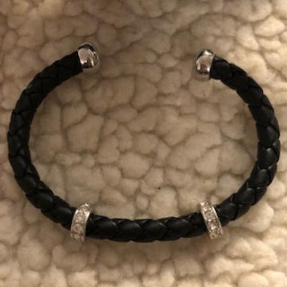 Open cuff bracelet, wrapped black leather with silver tone trim & rhinestones